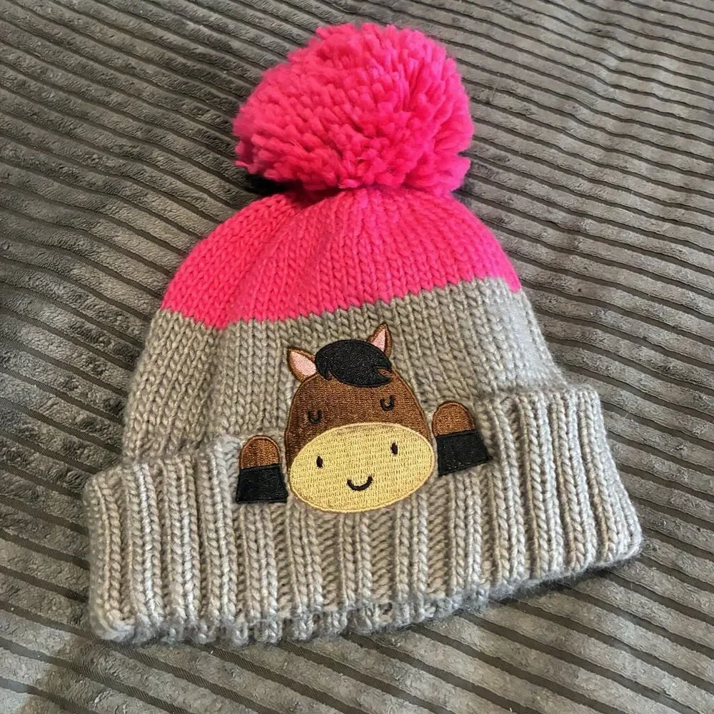 John Deere Toddler Girls Winter Knit Pom Hat Pink & Grey Horse One Size New